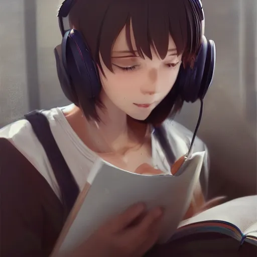 Image similar to anime girl studying with headphones on, realistic, 8 k, extremely detailed, cgi, trending on artstation, hyper - realistic render, by greg rutkowski