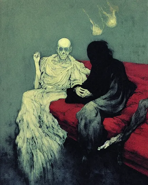 Prompt: an old dead couple sitting on an old couch in an old apartment watching the televison on fire,  Francisco Goya painting, part by Beksiński and EdvardMunch. art by Takato Yamamoto and Peter Mohrbacher, Francis Bacon masterpiece