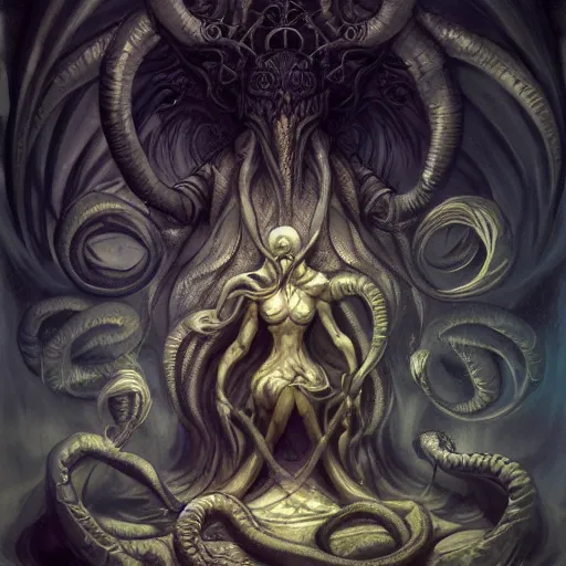 Prompt: angelarium, cthulhu, illithid, white and gold, by peter mohrbacher, rembrandt, h r giger
