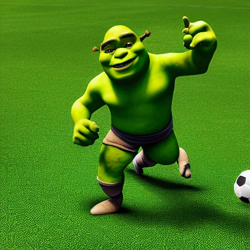 Image similar to shrek playing soccer, highly detailed, extremely high quality, hd, 4 k, 8 k, canon 3 0 0 mm, professional photographer, 4 0 mp, lifelike, top - rated, award winning, realistic, detailed lighting, detailed shadows, sharp, no blur, edited, corrected, trending