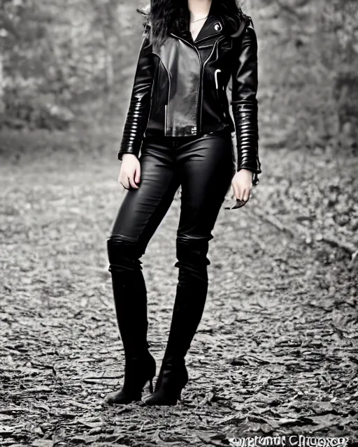 Prompt: young woman in her 20s, she wears a leather jacket and knee high boots, full body portrait, taken by a nikon, detailed, wonderful dark hair