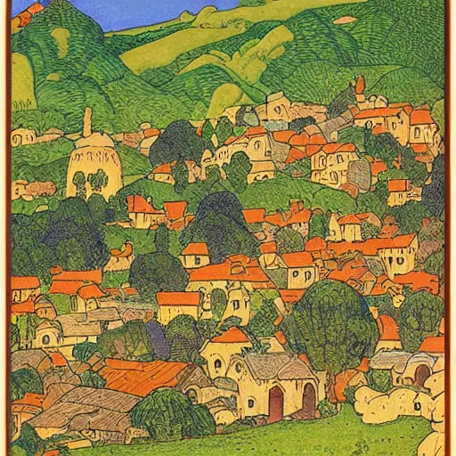 Image similar to detailed print of a landscape of a medieval village and crops by ivan bilibin and edmund dulac and ilya kuvshinov and katsuhiro otomo. full color scheme