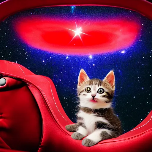 Prompt: a kitten wearing a red cape floating through galaxies of space on a recliner chair, cosmic rays, dramatic lighting, spirals galaxies