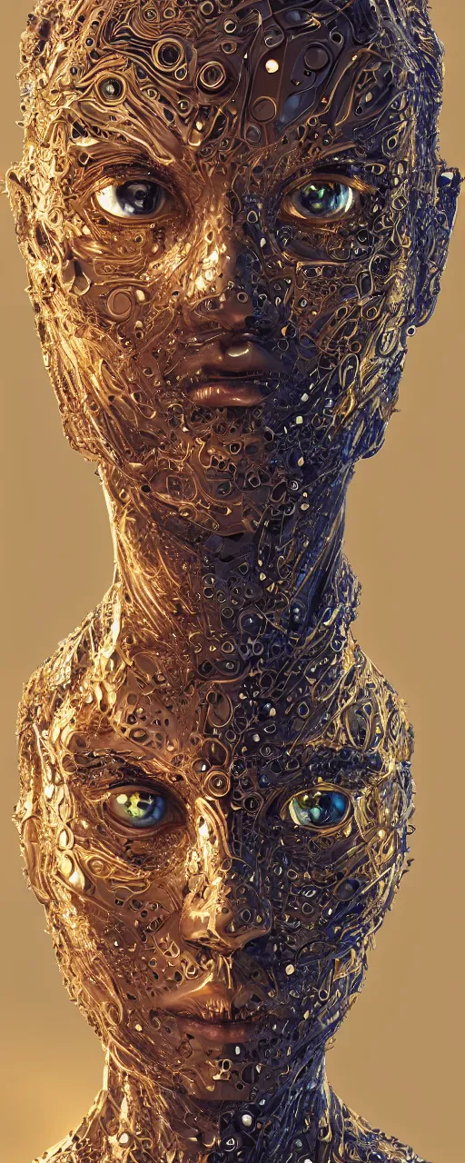 Prompt: an intricate, detailed face of an android, golden skin with water drops on it, deep blue eyes, studio lighting, artstation, art nouveau