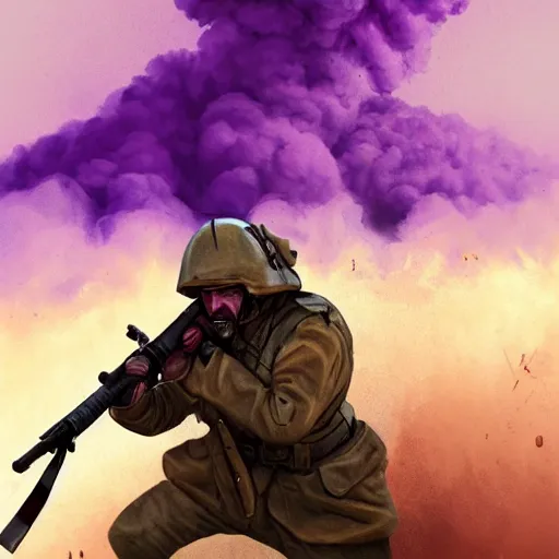 Image similar to a soldier in a trench receiving artillery fire, purple smoke, digital art artstation