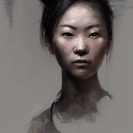 Image similar to portrait of a short muscular Japanese woman with a short ponytail wearing a gray t shirt and a work apron, dramatic lighting, illustration by Greg rutkowski, yoji shinkawa, 4k, digital art, concept art, trending on artstation