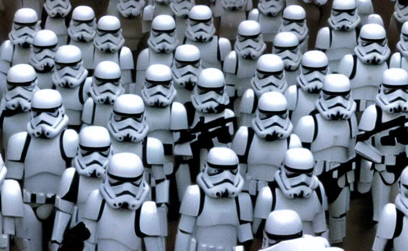 Prompt: screenshot from a scene of stormtrooper graveyard the lost jedi missing star wars film, 1980s film by Stanley Kubrick, moody lighting, stunning cinematography, hyper-detailed, sharp, anamorphic lenses, kodak color film, 4k