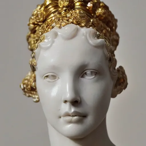 Prompt: close up of face of female fashion model, white marble by auguste rodin, gold plated, valentino dress, highly detailed