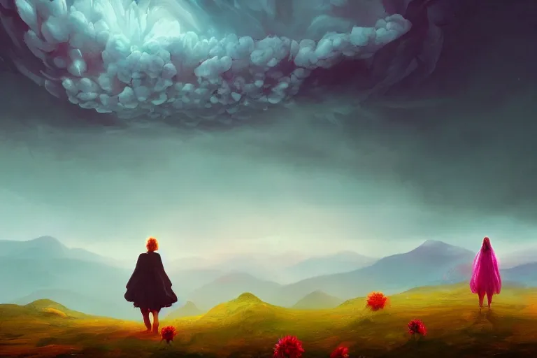 Image similar to giant dahlia flower as a head, girl walking on mountain, surreal photography, stars, dramatic light, impressionist painting, storm clouds, digital painting, artstation, simon stalenhag