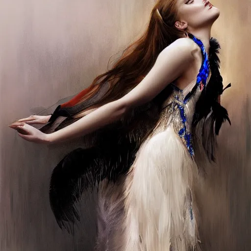 Image similar to hyperrealistic portrait of a woman as amber heard touching neck noir white swan dress wearing sapphire jewellery with long feather collar by jeremy mann and alphonse mucha, fantasy art, photo realistic, dynamic lighting, artstation, poster, volumetric lighting, very detailed faces, 4 k, award winning