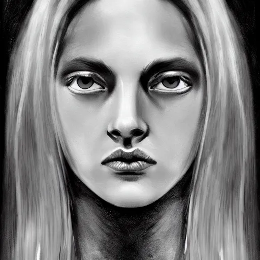 Image similar to medusa portrait painting, black and white, artstation, detailed, blurred background