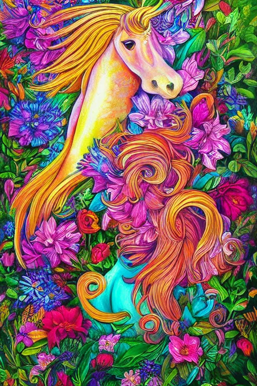 Prompt: a high detailed painting of 🦄🌺🌻💐 magic realism