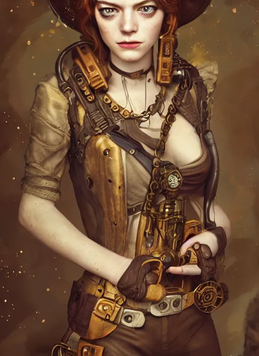 Prompt: steampunk portrait of emma stone as emma watson, hyper detailed, digital art, cinematic lighting, studio quality, smooth render, unreal engine 5, octane rendered, art style by klimt and nixeu and ian sprigger and wlop and krenz cushart.