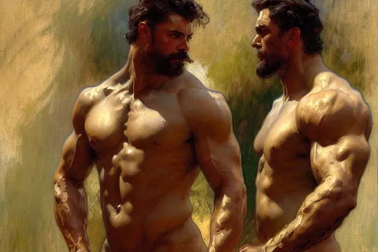 Prompt: 2 muscular attractive men, painting by gaston bussiere, craig mullins, greg rutkowski, alphonse mucha