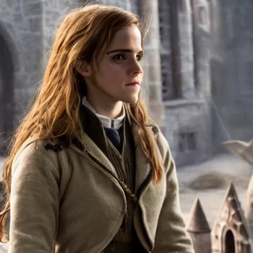 Image similar to Photo of Emma Watson as Hermione Granger using a tank in Hogwarts