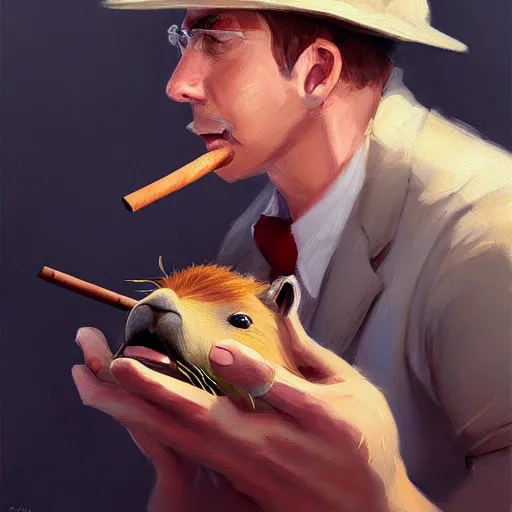 Prompt: a painting of a capybara smoking a cuban cigar while a fedora sitting in a secret underwater base by Krenz Cushart, high detail, concept art, artstation, 8k