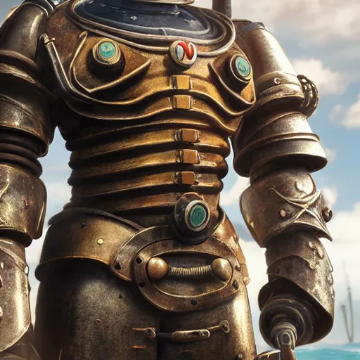 Image similar to a man wearing heavy nautical armor, Bioshock inspired, Realistic octane render, high detail