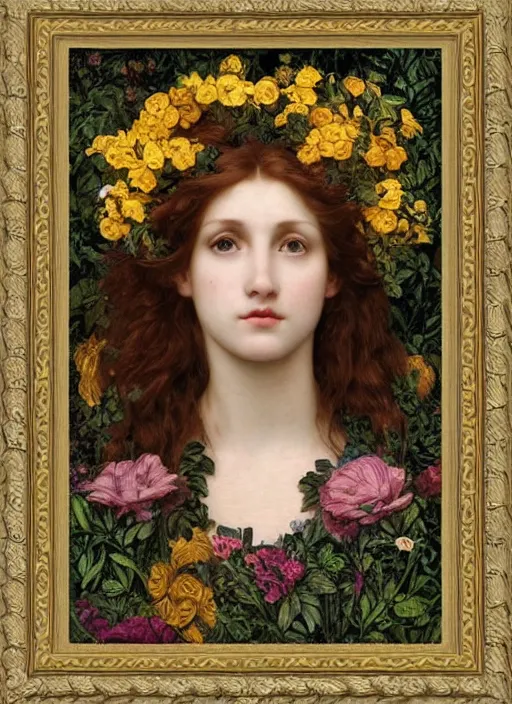 Image similar to masterpiece beautiful seductive flowing curves preraphaelite face portrait amongst flowers, extreme close up shot, straight bangs, thick set features, yellow ochre ornate medieval dress, laying amongst foliage mushroom forest circle arch, frederic leighton and kilian eng and rosetti and preraphaelites, william morris, framed, 4 k