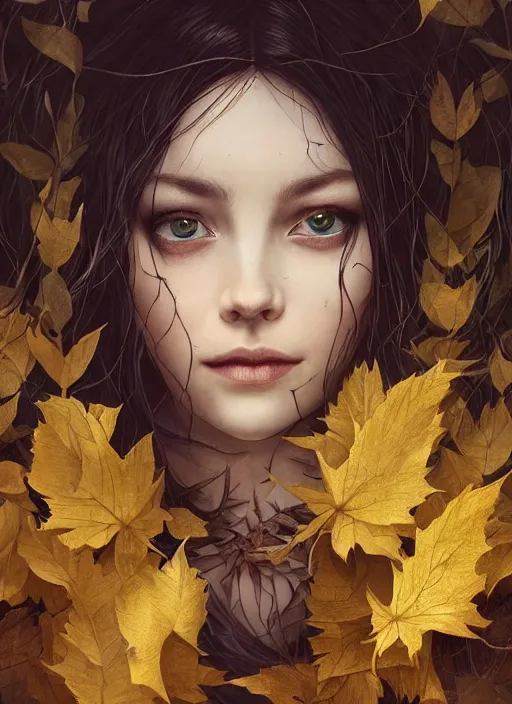 Image similar to golden leaves at frame border, creative!!! composition for a book cover!!!, absurdly beautiful, ultrafine hyperrealistic detailed old witch face by wlop and artgerm and greg rutkowski, intricate linework, sharp focus, smooth, octopath traveler, final fantasy, unreal engine, dramatic lighting, ethereal, 8 k