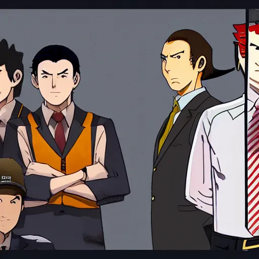 Image similar to Jetstream Sam, Omori, and Saul Goodman, standing next to Phoenix Wright, award-winning photograph, dramatic lighting