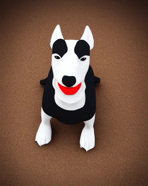 Prompt: 3d toy cute model of white bull terrier with red circle around left eye artistic ad campaign Portrait photo Leica Zeiss