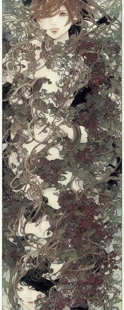 Image similar to yoshitaka amano anime painting, intricate line drawings, pen and ink, alphonse mucha, claire wendling, kentaro miura, ruan jia