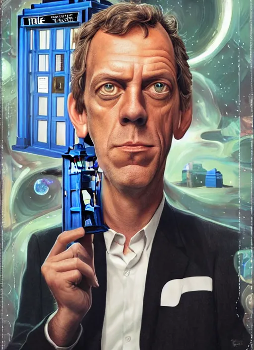 Image similar to portrait of hugh laurie standing next to the tardis from doctor who, portrait, pixar style, by tristan eaton stanley artgerm and tom bagshaw.