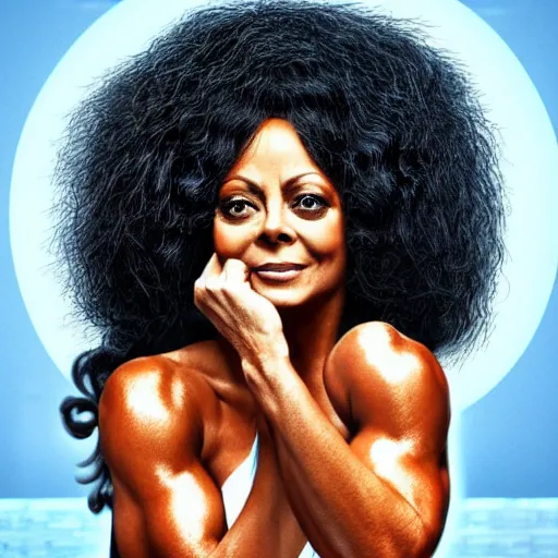 Image similar to Diana ross with the physique of a body builder, hyper realistic and ultra detailed face, cinematic, dynamic lighting, photorealistic, refined, intricate, digital art, digital painting, masterpiece, 8k