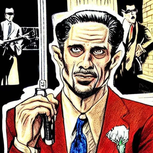 Prompt: The Artwork of R. Crumb and his Cheap Suit The-Godfather-with-a-gun, pencil and colored marker artwork, trailer-trash lifestyle