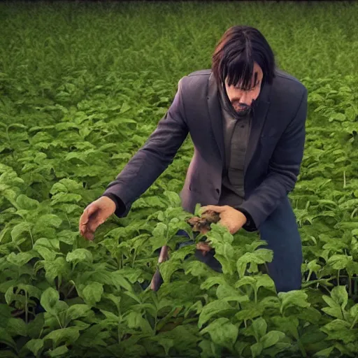 Prompt: keanu reeves planting potatoes in belarus, instagram photo, photorealistic, hyper detailed, hyper realistic, houdini, vfx, unreal engine 5, octane render, 8 k, full hd