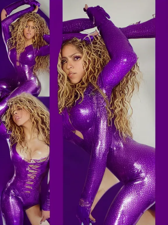 Image similar to shakira wearing very tight translucent purple and gold latex crazy outfit met gala photoshoot