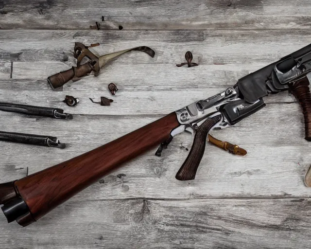 Image similar to Product photo of muzzleloaded flintlock AK47 from the site grabAgun, laid on a table, white background, ((((postapocalyptic)))). professional product photography, ((gunsmithing)), top down photo, 4k. high quality