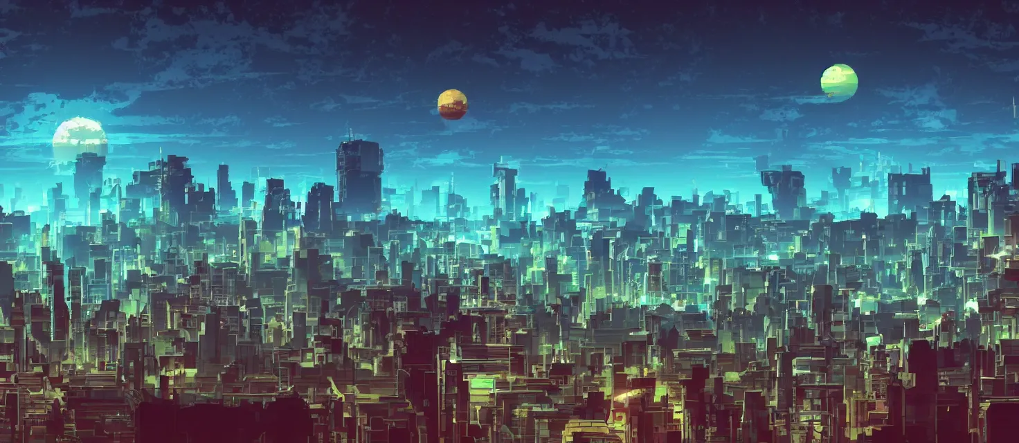 Prompt: Wide shot of a silhouette watching a sci-fi city with clouds and planets over skyscrapers, day time, 2D, 8bits graphics, SNES Castlevania game style, high colors compression, low saturation, very noisy, gradient, weird space, crushed quality