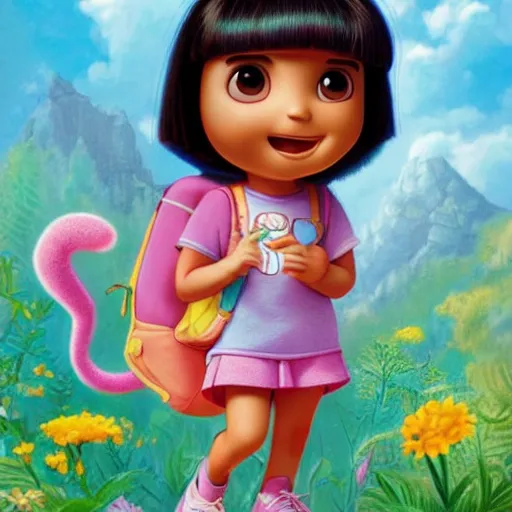 Prompt: dora the explorer as real girl in happy pose, detailed, intricate complex background, Pop Surrealism lowbrow art style, mute colors, soft lighting, pixar render by Mark Ryden , artstation cgsociety