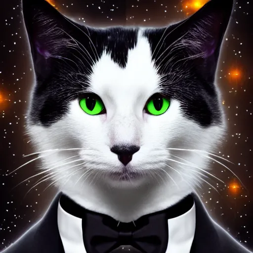 Image similar to Portrait of a beautiful black and white cat wearing tuxedo in space with colorful bright green eyes, medium shot, hd, 8k, hyper-realism, detailed, octane 8k,