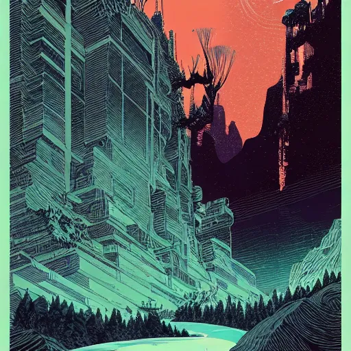 Prompt: Stunningly intricate illustration of a cyberpunk explorer overlooking a moving mountain by a lake, highly detailed, midnight, by Victo Ngai and James Gilleard , Moebius, Laurie Greasley