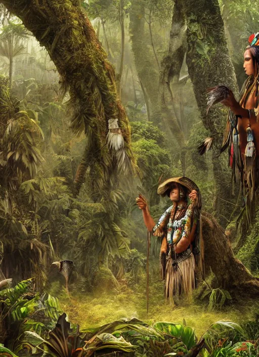 Image similar to two indigenous people standing together in the jungle, fantasy art, highly detailed, matte painting