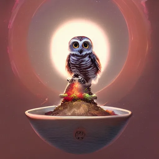 Image similar to long shot of a very cute owl chick nesting in a very futuristic cup, esao andrews, humorous illustration, hyperrealistic, big depth of field, warm colors, night scenery, low light, 3 d octane render, 4 k, conceptart, hyperdetailed, hyperrealistic, trending on artstation