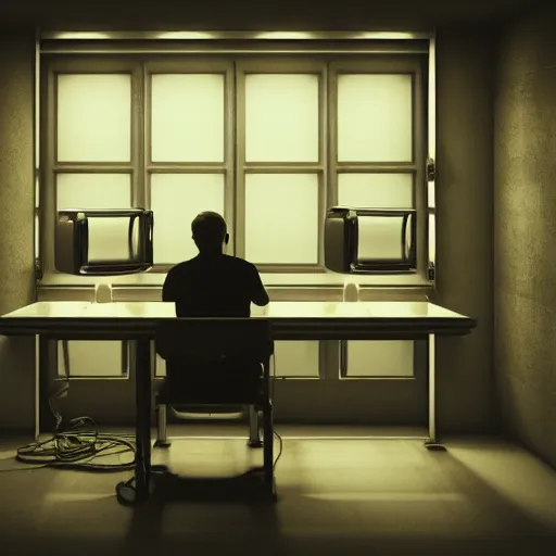 Image similar to cinema 4D cinematic render, ultra detailed, elegant, of a person inside a jail cell sitting with a desk and CRT monitor, 4K concept art, detailed, dark setting, cinematic lighting, light shining through the jail cell, casting shadows, trending on art station, old computer monitor, stressful, working, hyper realistic, ultra detailed, unreal engine, 8K post production