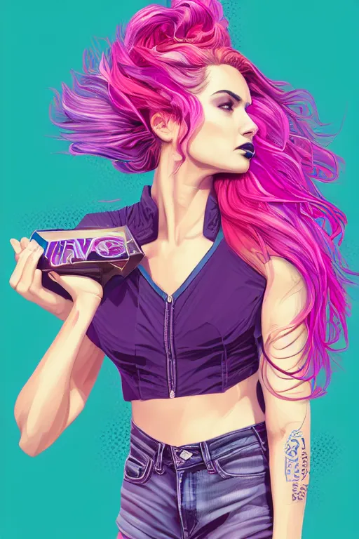 Image similar to a award winning half body porttrait of a beautiful woman in a croptop with ombre purple pink teal hairstyle with head in motion and hair flying by marvel comics and sandra chevrier, outrun, vaporware, illustration, digital art, trending on artstation, highly detailed, fine detail, intricate