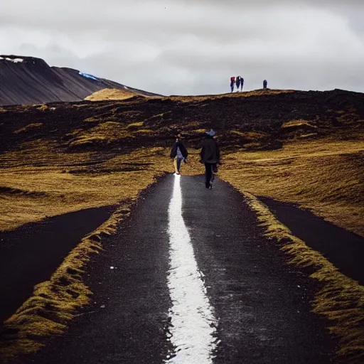 Prompt: Man and woman walking together, holding hands, Iceland landscape, phone photo, 12mpx