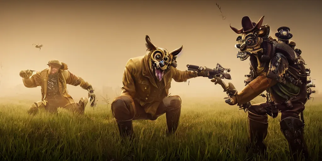 Image similar to gamekeeper wearing a steampunk and neonpunk mechanical fluorescent mystical animal mask in strange misty estuary landscape fight with werewolf, night, realism in style of fornite game, 4 k, octane render, award winning photograph, epic cinematic shot, perfectly defined features, ambient occlusion