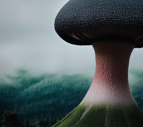 Image similar to a giant mushroom covers a whole kingdom and reaches above the clouds. intricate. lifelike. soft light. sony a 7 r iv 5 5 mm. cinematic post - processing