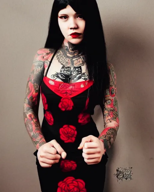 Image similar to cute female with intricate tattoos, crimson - black hair, wearing cute crimson - black bee - themed dress, cinematic lighting, beautiful composition