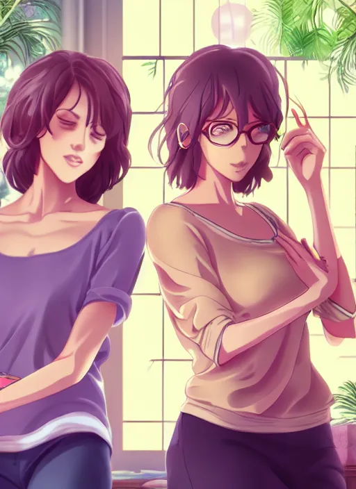 Image similar to two beautiful mature women in a summer home, casual summer clothes, gorgeous faces, thick lines, cinematic lighting, detailed anime art