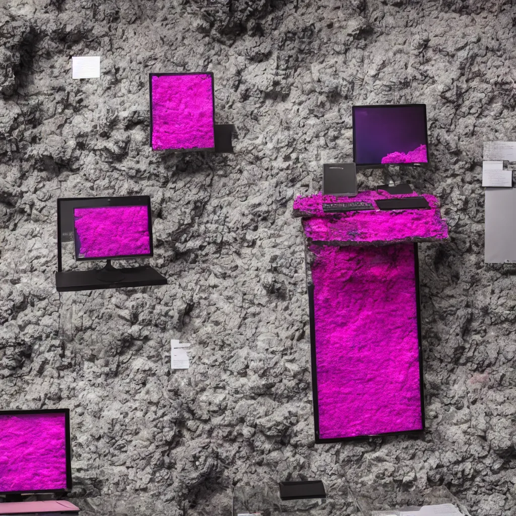 Prompt: Basalt computer covered in pink moss on a museum gallery pedestal, 8K, National Geographic