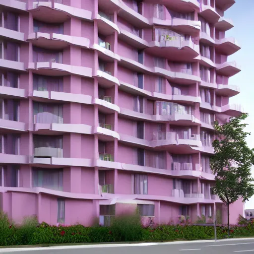 Image similar to Dali inspired apartment block in pink and teale pastel colours, hyperrealistic, octane render, architectural perfection, insane detail