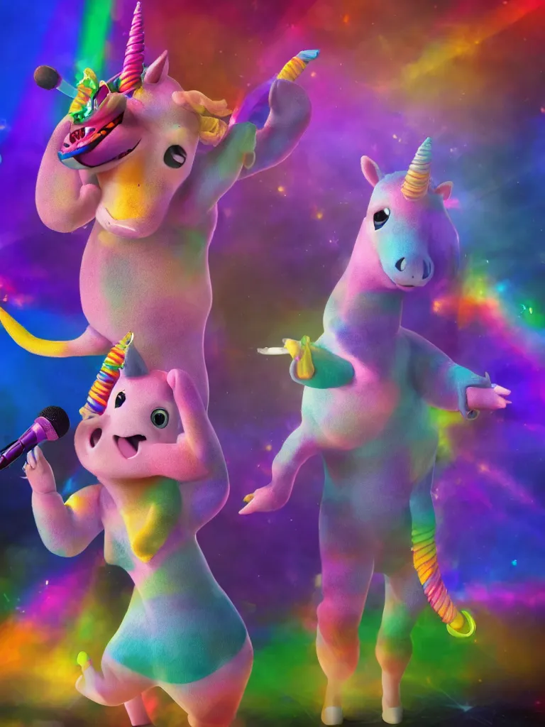 Prompt: a realistic rainbow colored unicorn beat boxing on stage holding a microphone by Pixar