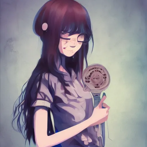 Image similar to urban school zombie girl in tattered clothes fanart, dark blue long hair, muted colors, matte print, pastel colors, ornate, digital art, cute smile, digital painting, fan art, elegant, pixiv, by Ilya Kuvshinov, by Studio Ghibli