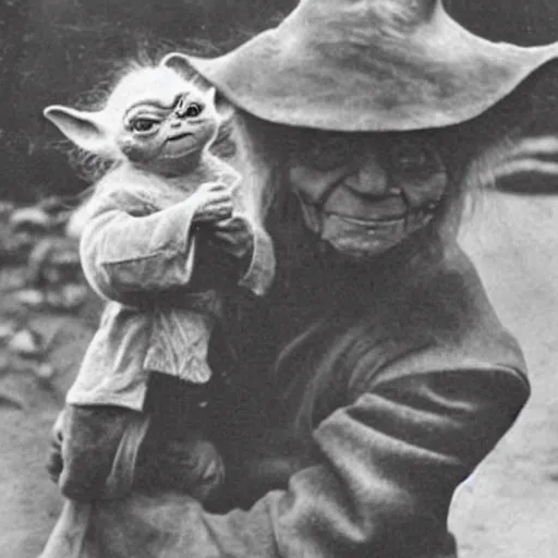 Prompt: Old photo of a hunter holding up the Yoda he caught